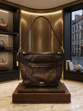 Jessica Simpson Dark Brown Leather Shoulder Bag with Gold Accents
